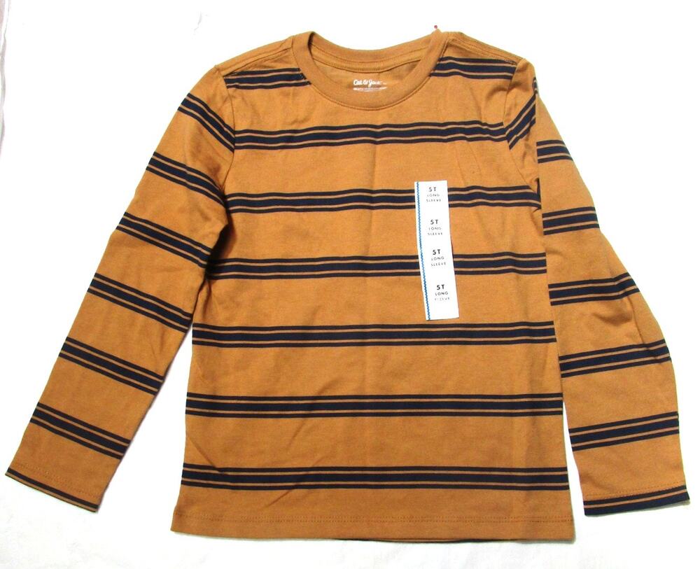 Cat & Jack Boys Striped Shirt Brown & Blue Long Sleeve Tee Size 5T Eco-Friendly